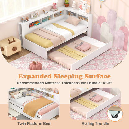 Twin Size Daybed Platform Bed Frame with Trundle and Bedside Shelves, White Trundle Bed Frame at Gallery Canada