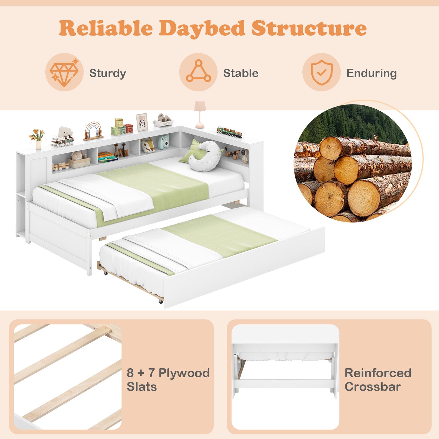 Twin Size Daybed Platform Bed Frame with Trundle and Bedside Shelves, White Trundle Bed Frame at Gallery Canada