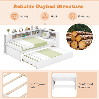 Twin Size Daybed Platform Bed Frame with Trundle and Bedside Shelves, White Trundle Bed Frame at Gallery Canada