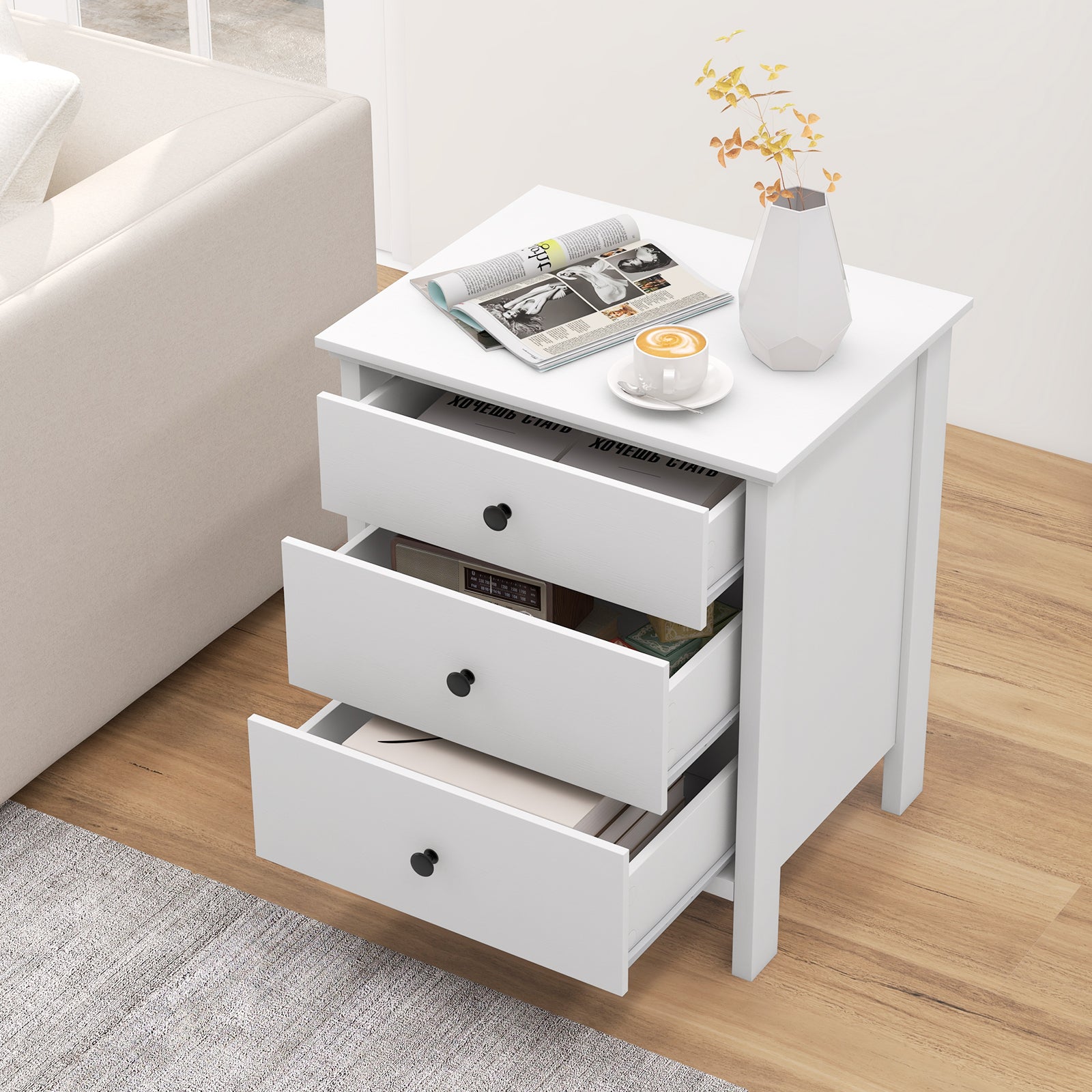 3-Drawer Wooden Nightstand Modern Bedside Table, White Nightstands at Gallery Canada