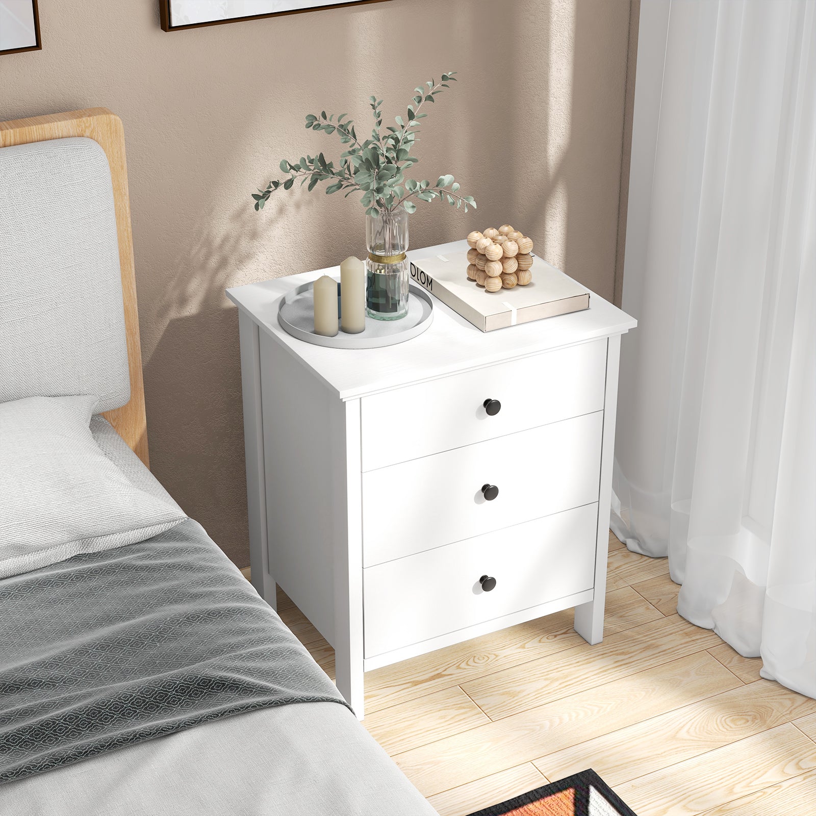 3-Drawer Wooden Nightstand Modern Bedside Table, White Nightstands at Gallery Canada