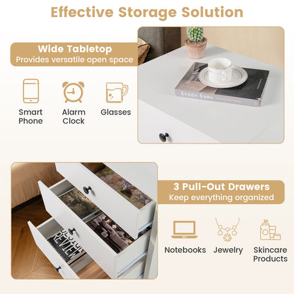 3-Drawer Wooden Nightstand Modern Bedside Table, White Nightstands at Gallery Canada