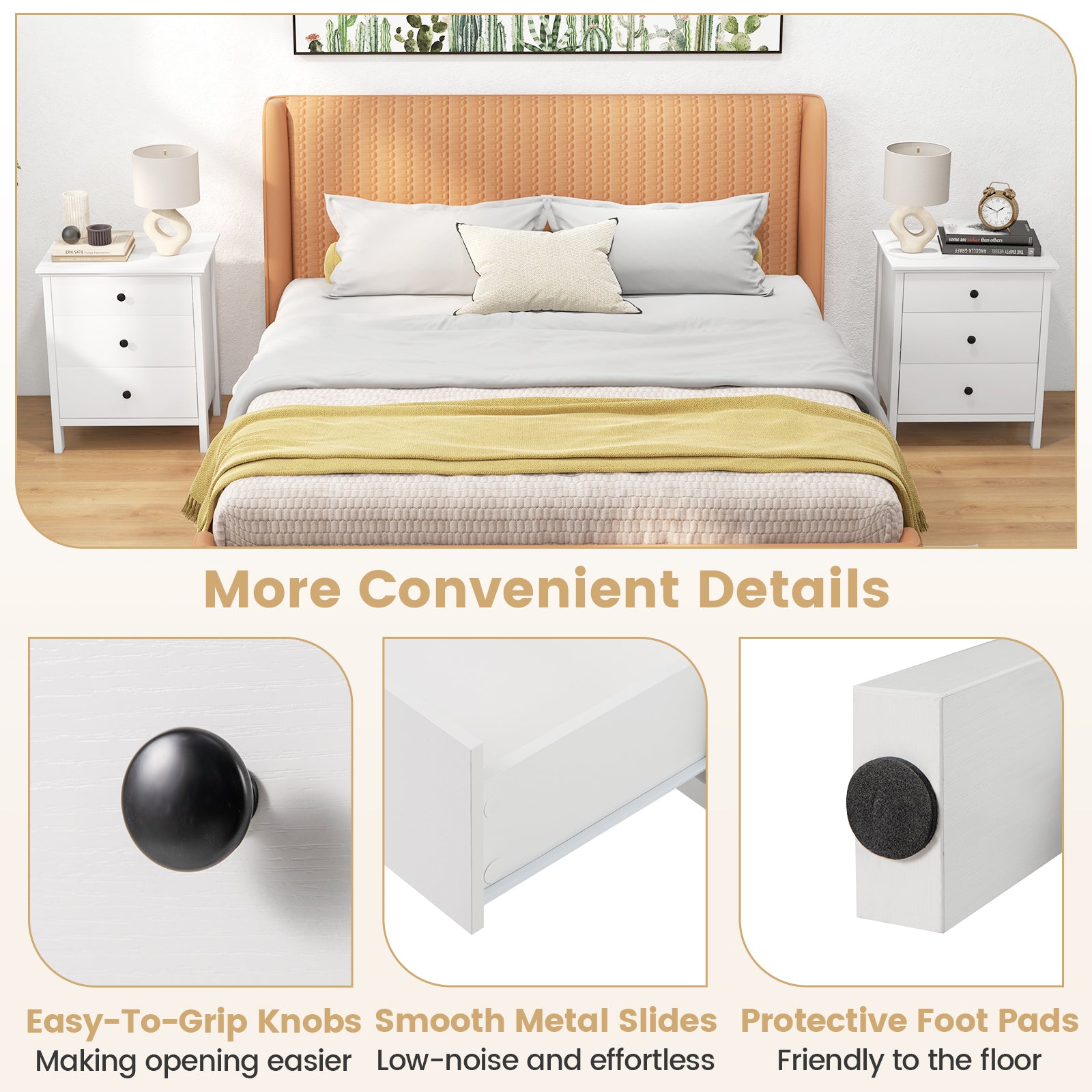 3-Drawer Wooden Nightstand Modern Bedside Table, White Nightstands at Gallery Canada