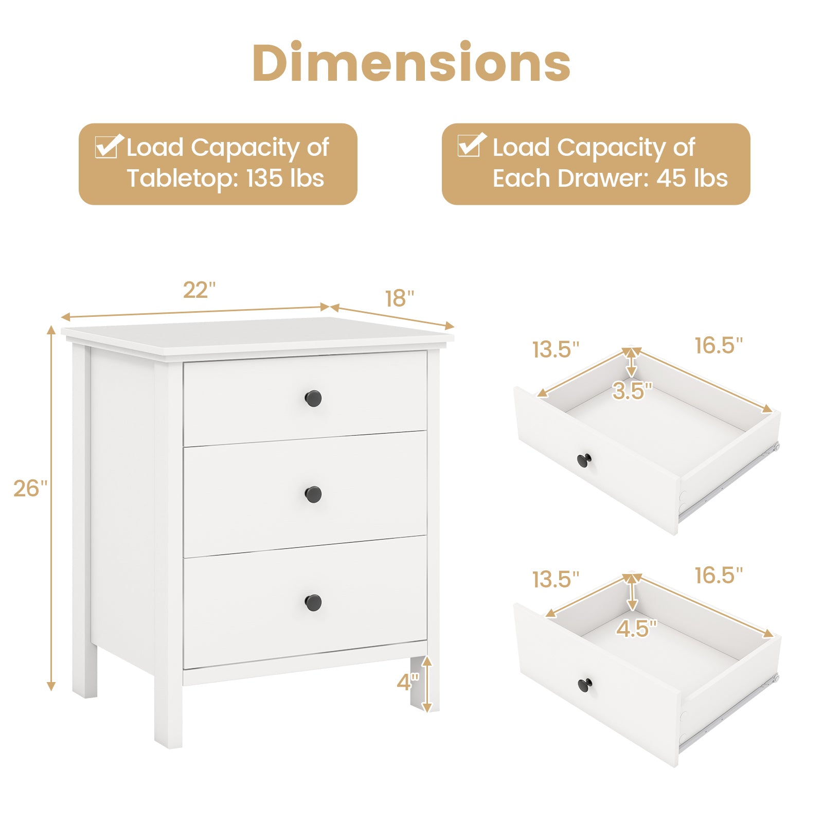 3-Drawer Wooden Nightstand Modern Bedside Table, White Nightstands at Gallery Canada