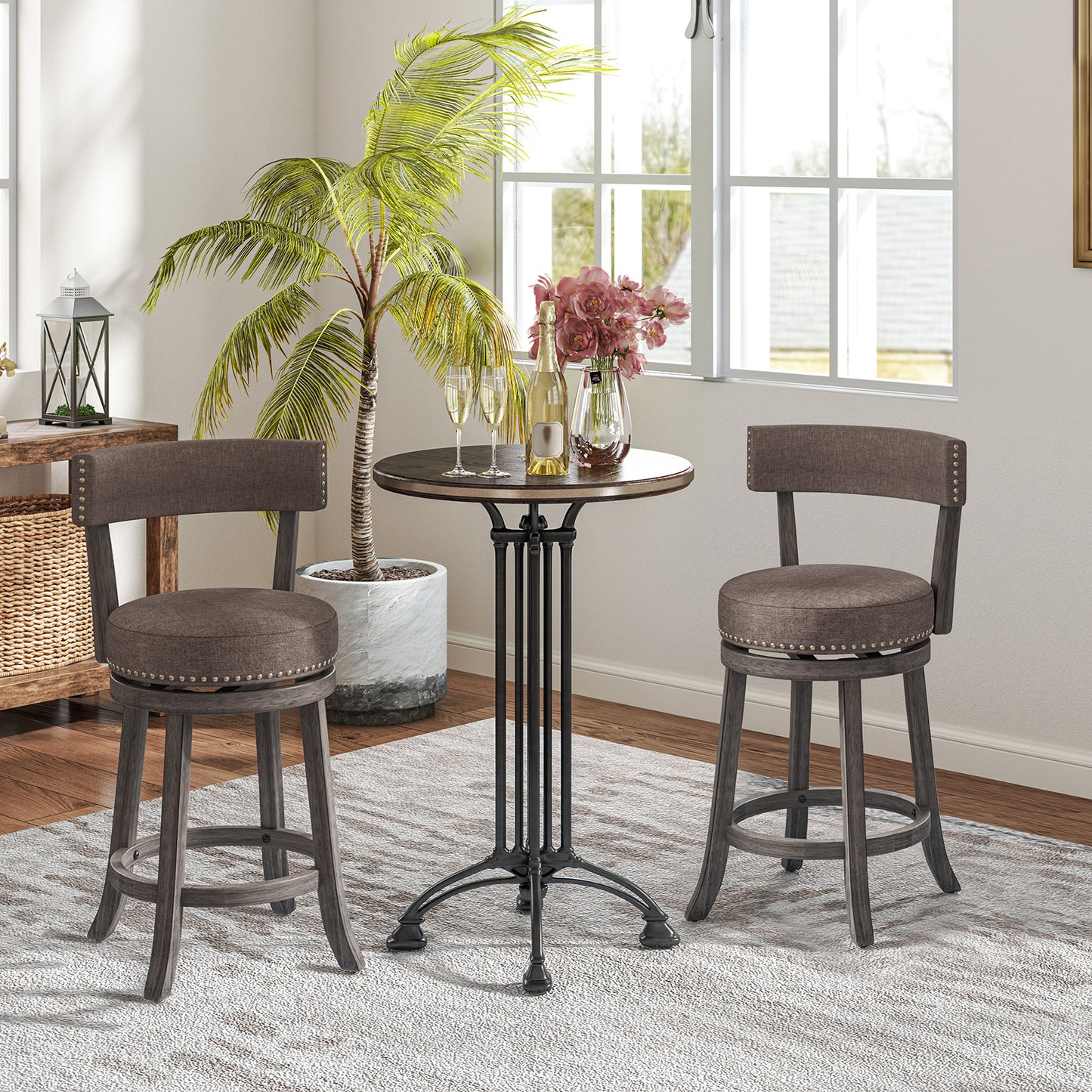 Set of 2 Counter Height Chairs with 360° Swivel Seat and Rubber Wood Frame-24 Inches, Gray Bar Stools at Gallery Canada