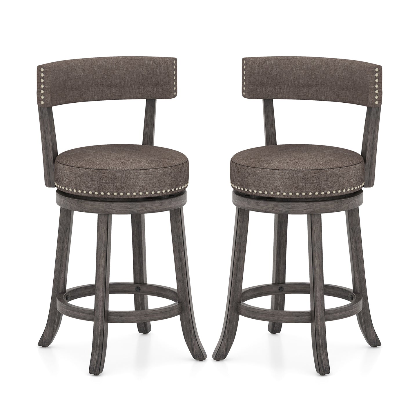 Set of 2 Counter Height Chairs with 360° Swivel Seat and Rubber Wood Frame-24 Inches, Gray Bar Stools Gray at Gallery Canada