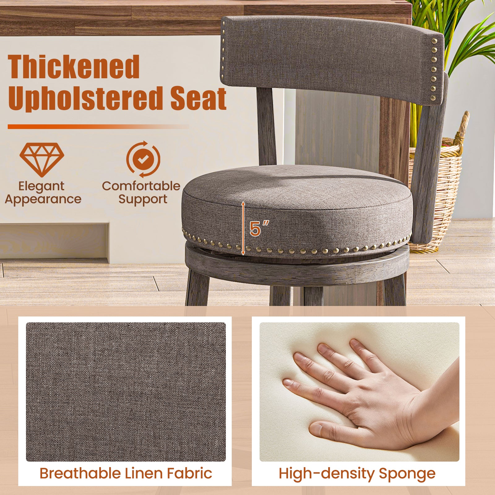 Set of 2 Counter Height Chairs with 360° Swivel Seat and Rubber Wood Frame-24 Inches, Gray Bar Stools at Gallery Canada