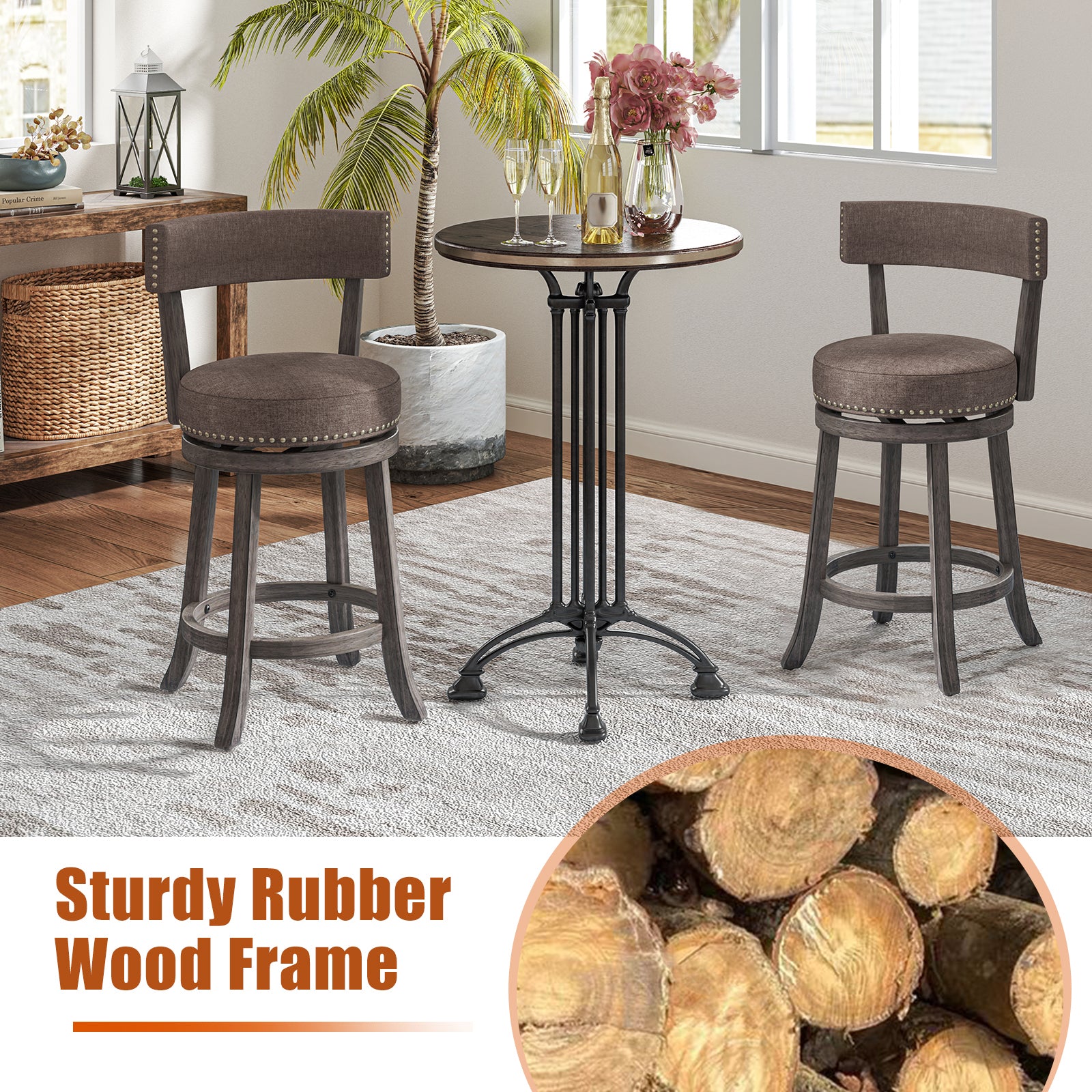 Set of 2 Counter Height Chairs with 360° Swivel Seat and Rubber Wood Frame-24 Inches, Gray Bar Stools at Gallery Canada