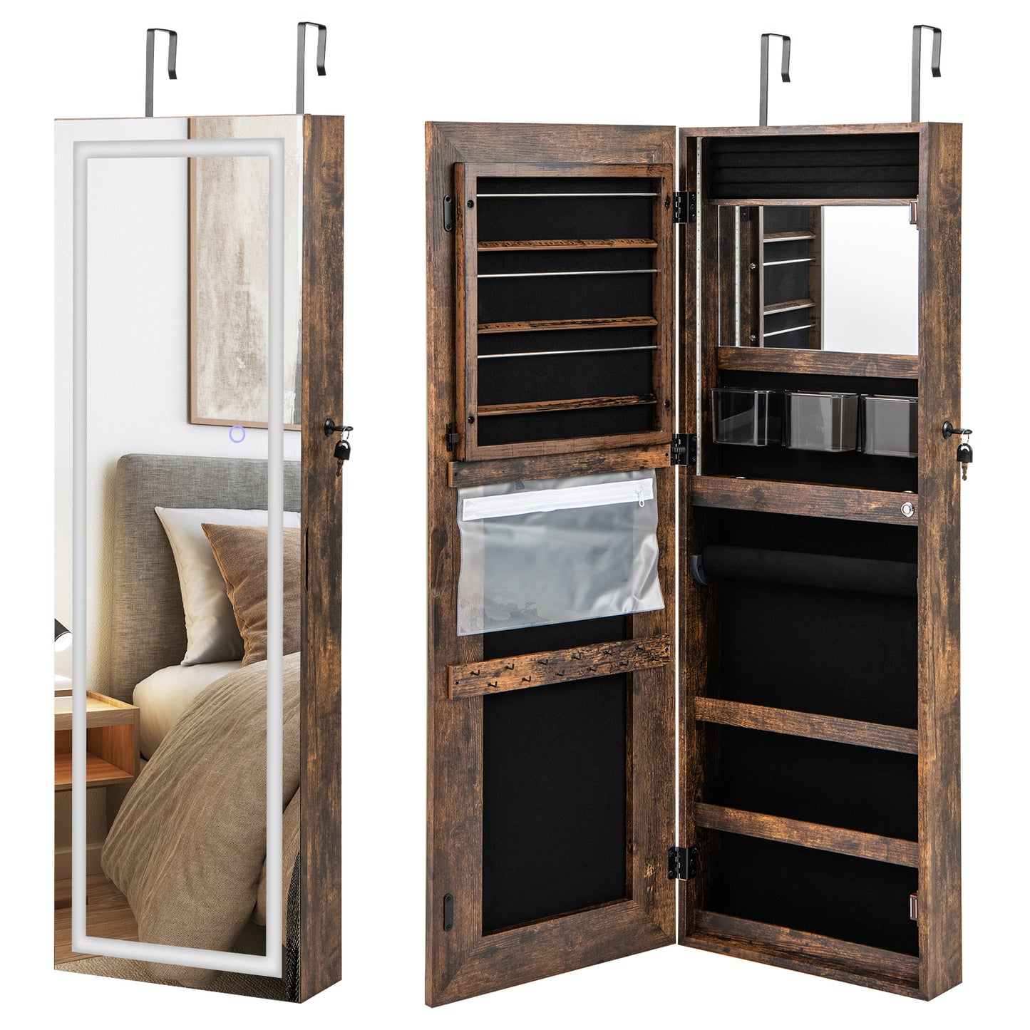 42.5 Inches Jewelry Mirror Wall Cabinet, 3-Color LED Lights, Rustic Brown Jewelry Armoires at Gallery Canada