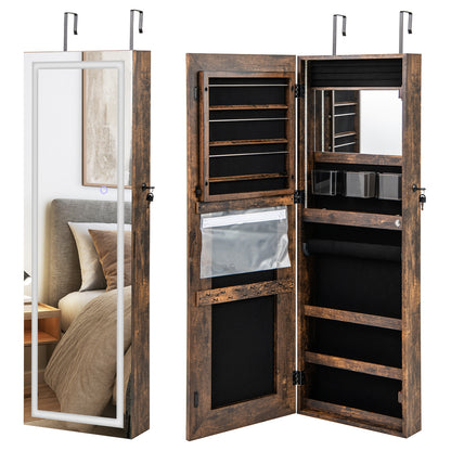 42.5 Inches Jewelry Mirror Wall Cabinet, 3-Color LED Lights, Rustic Brown Jewelry Armoires at Gallery Canada