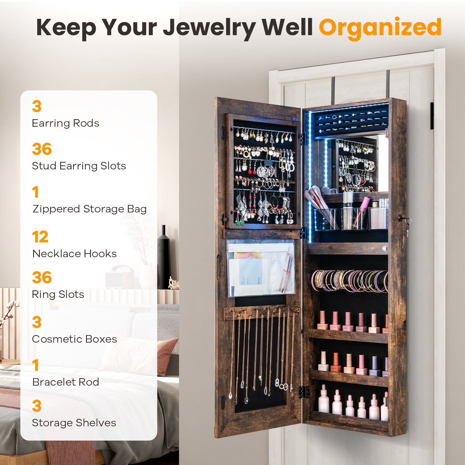 42.5 Inches Lockable Jewelry Mirror Wall Cabinet with 3-Color LED Lights, Rustic Brown Jewelry Armoires at Gallery Canada