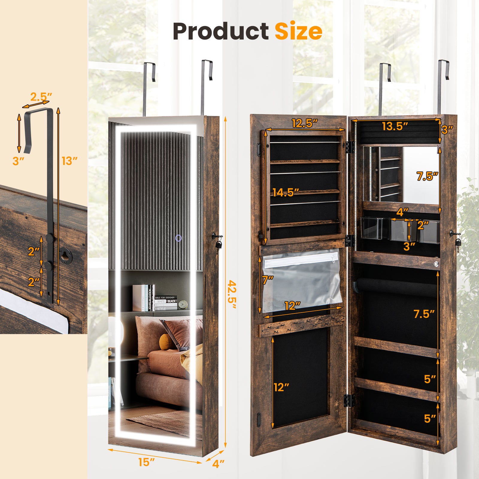 42.5 Inches Lockable Jewelry Mirror Wall Cabinet with 3-Color LED Lights, Rustic Brown Jewelry Armoires at Gallery Canada