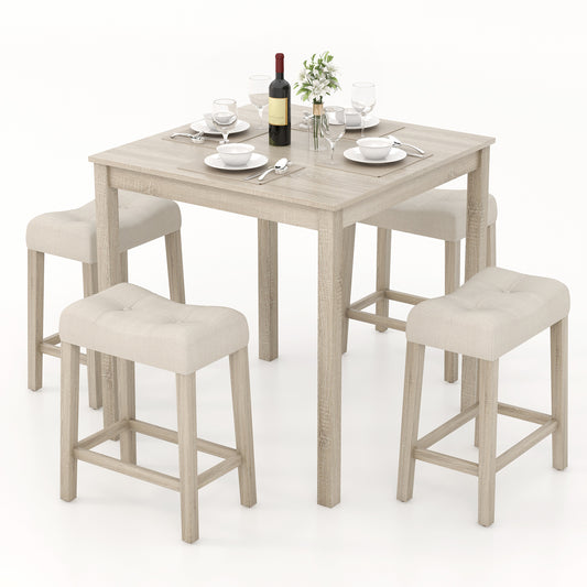 5 Piece Bar Table Set, Square Table, 4 Padded Stools, Gray