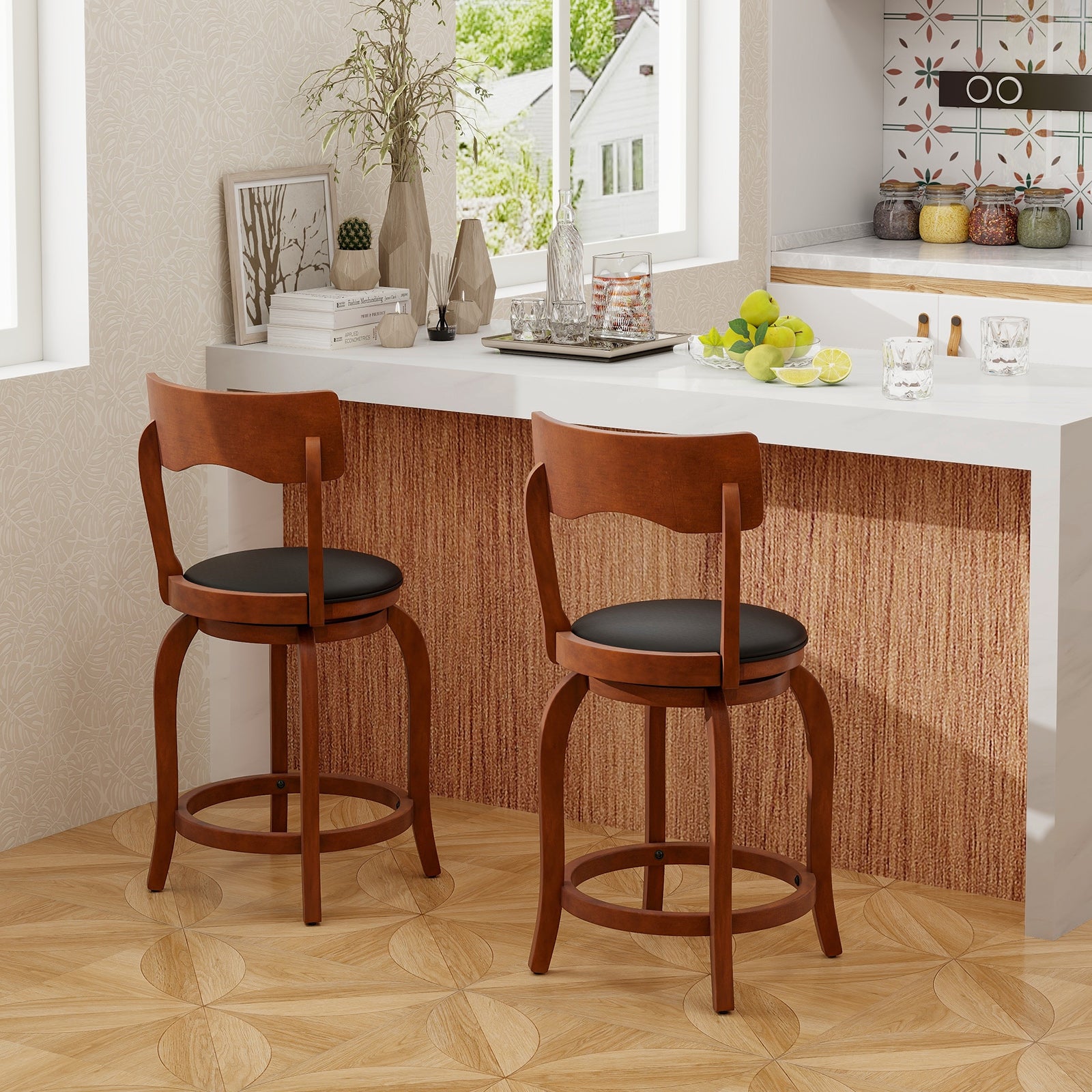 Swivel Bar Stools Set of 2 with Rubber Wood Frame and Upholstered Seat-24 Inch, Black & Brown Bar Stools at Gallery Canada