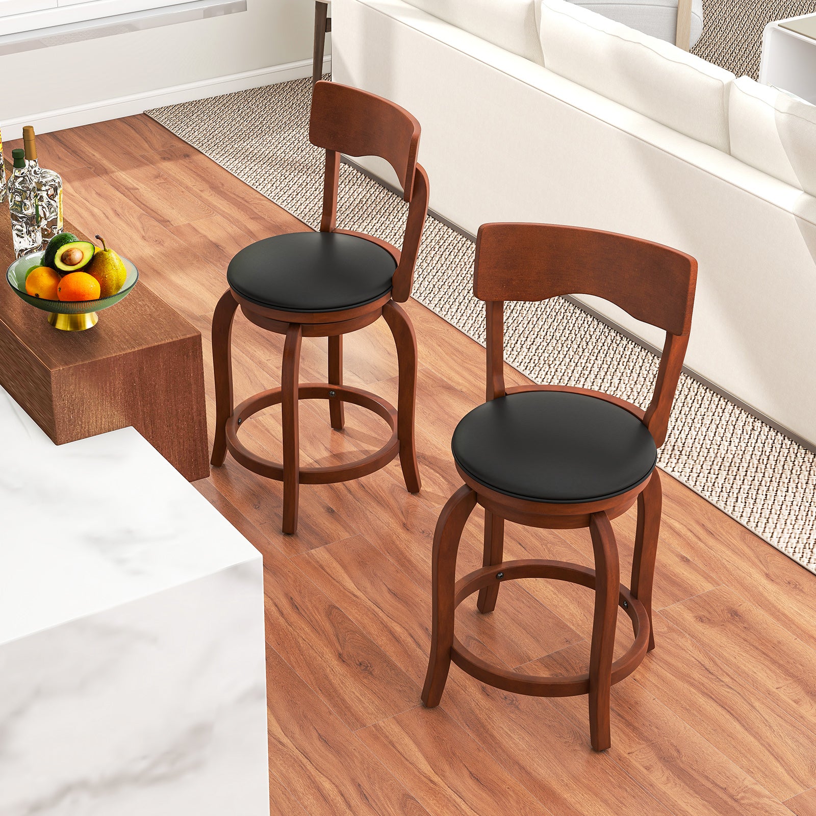 Swivel Bar Stools Set of 2 with Rubber Wood Frame and Upholstered Seat-24 Inch, Black & Brown Bar Stools at Gallery Canada