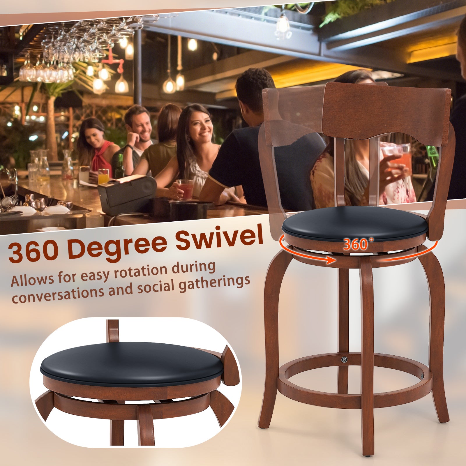 Swivel Bar Stools Set of 2 with Rubber Wood Frame and Upholstered Seat-24 Inch, Black & Brown Bar Stools at Gallery Canada