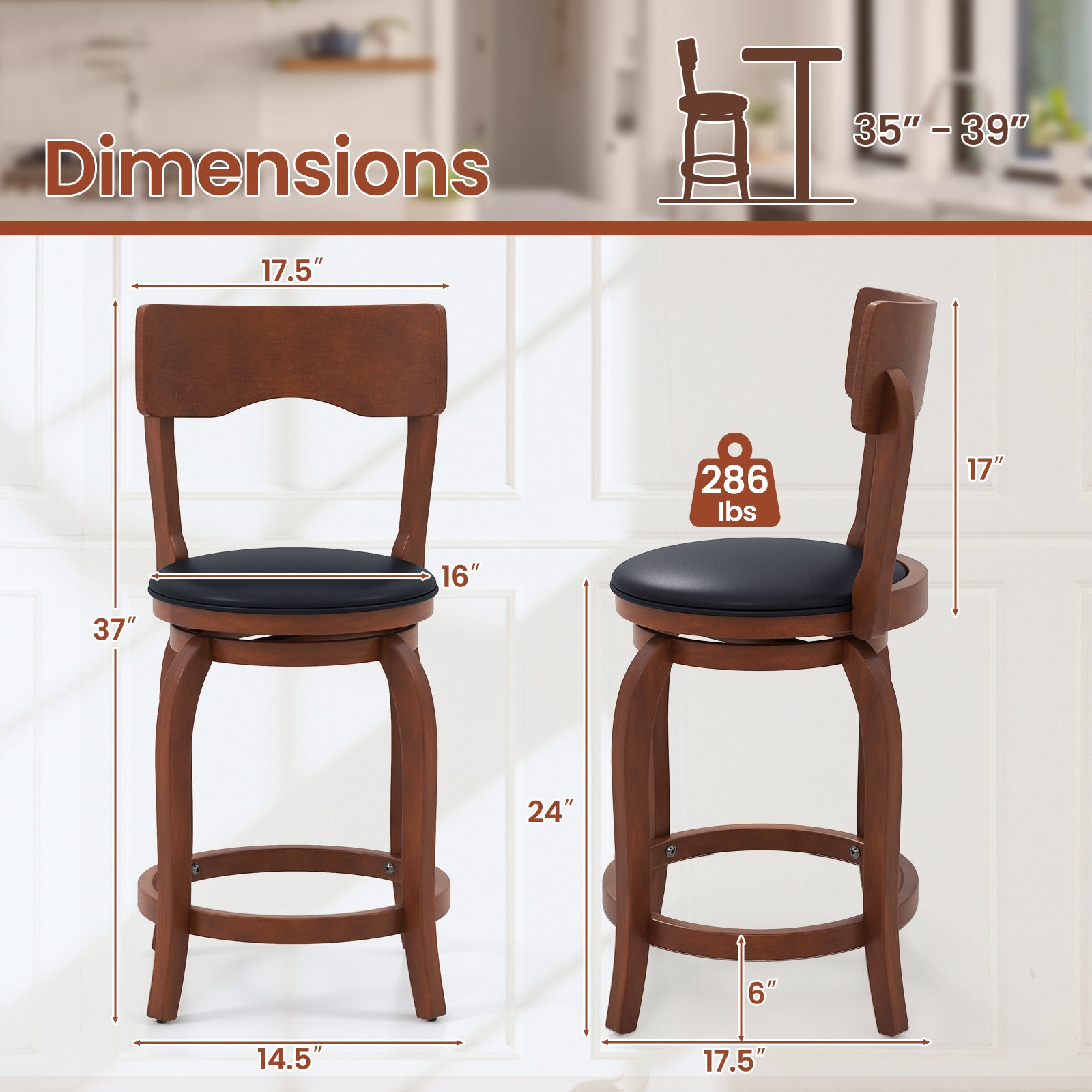 Swivel Bar Stools Set of 2 with Rubber Wood Frame and Upholstered Seat-24 Inch, Black & Brown Bar Stools at Gallery Canada