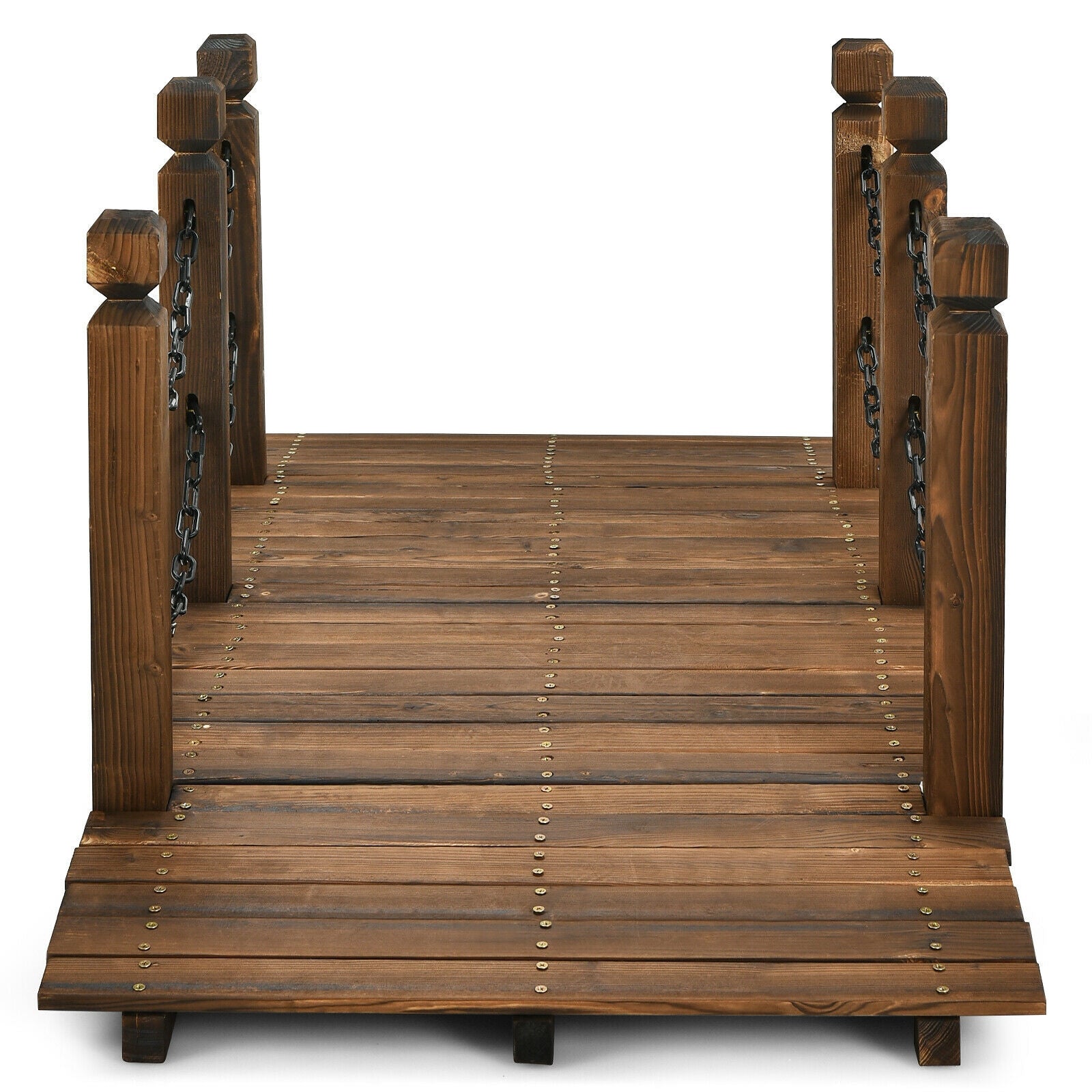 5 Feet Wooden Garden Bridge Arc Footbridge Stained Finish Walkway with Safety Rails, Brown Outdoor Decor at Gallery Canada