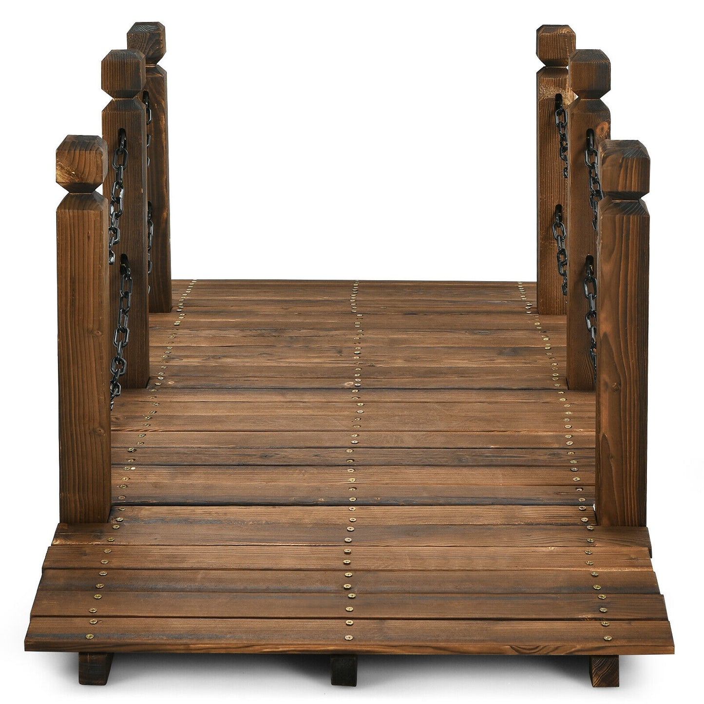 5 Feet Wooden Garden Bridge Arc Footbridge Stained Finish Walkway with Safety Rails, Brown Outdoor Decor at Gallery Canada