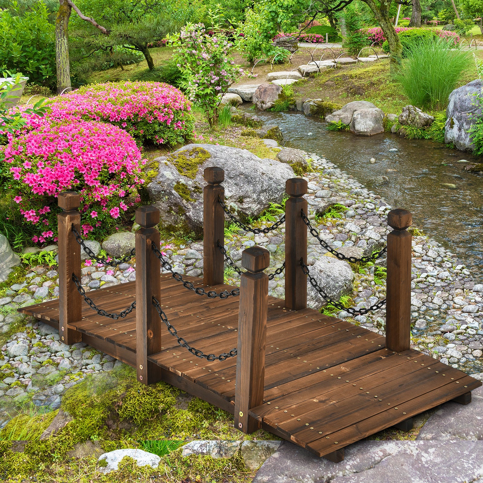 5 Feet Wooden Garden Bridge Arc Footbridge Stained Finish Walkway with Safety Rails, Brown Outdoor Decor at Gallery Canada