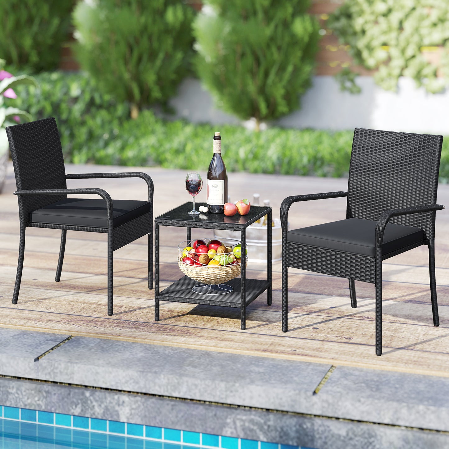 3 Piece Patio Furniture Set with Seat Cushions and Tempered Glass Tabletop, Black Patio Conversation Sets at Gallery Canada
