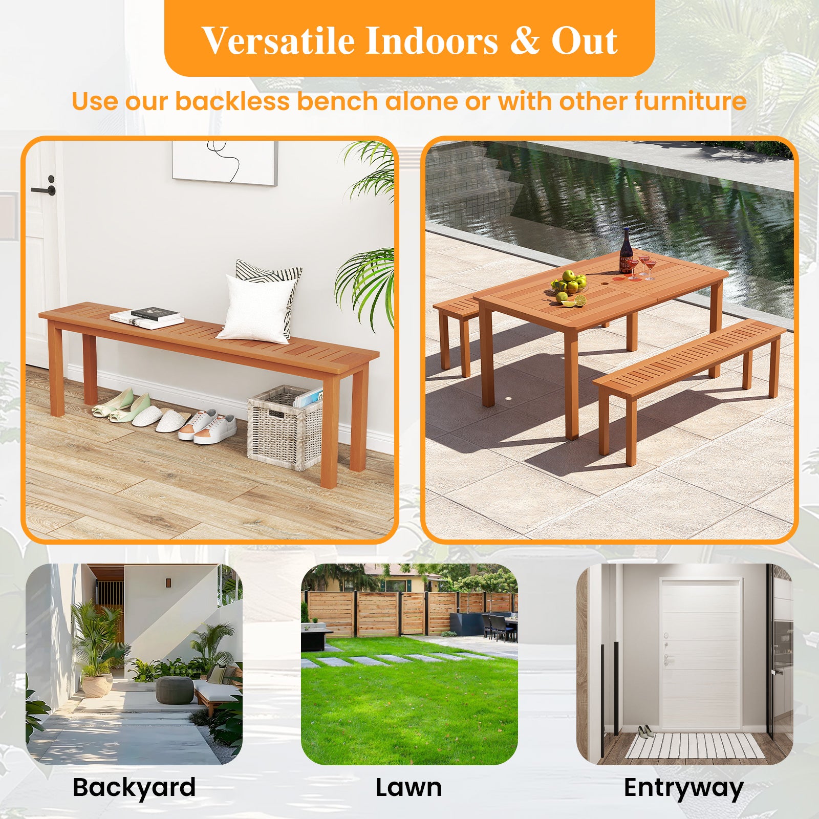 Outdoor 59 Inch Long Patio Dining Backless Wooden Bench with Teak Oil Finish, Natural Outdoor Benches at Gallery Canada