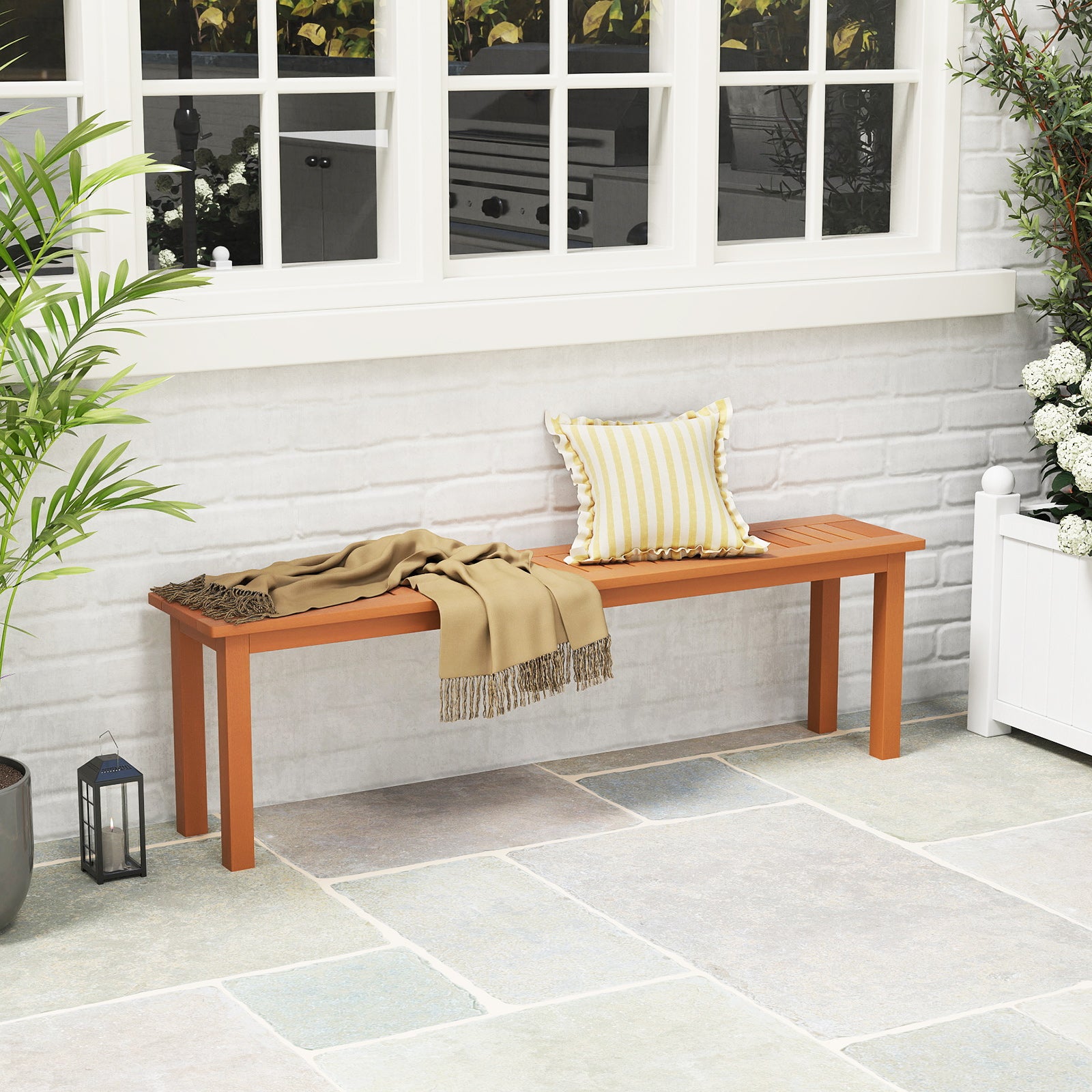 Outdoor 59 Inch Long Patio Dining Backless Wooden Bench with Teak Oil Finish, Natural Outdoor Benches at Gallery Canada