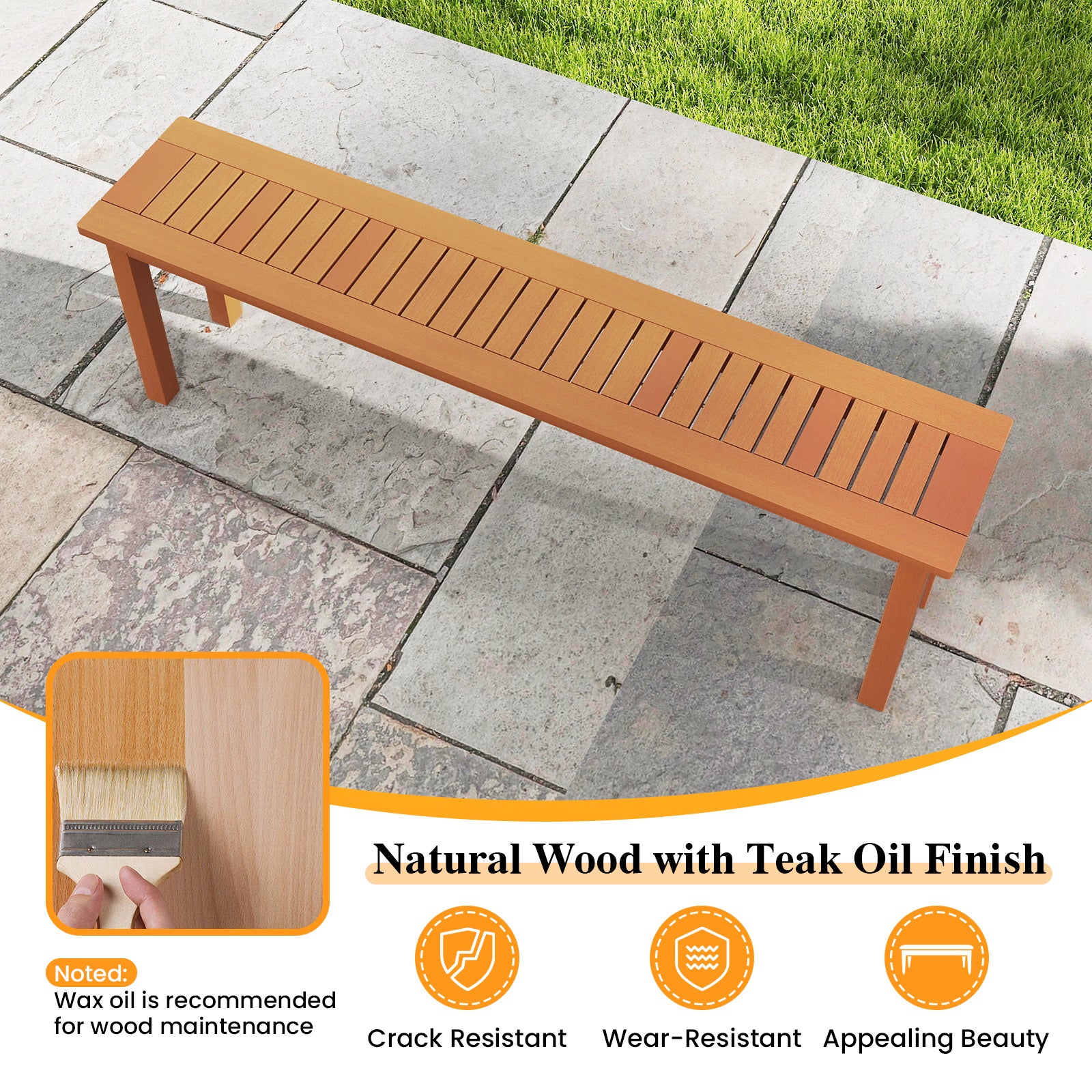 Outdoor 59 Inch Long Patio Dining Backless Wooden Bench with Teak Oil Finish, Natural Outdoor Benches at Gallery Canada