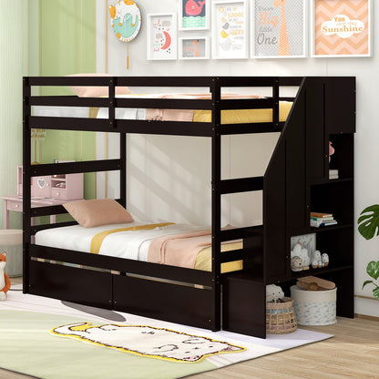 Twin Over Twin Bunk Bed with Storage Stairs and Drawers, Coffee Bunk Bed Frame at Gallery Canada