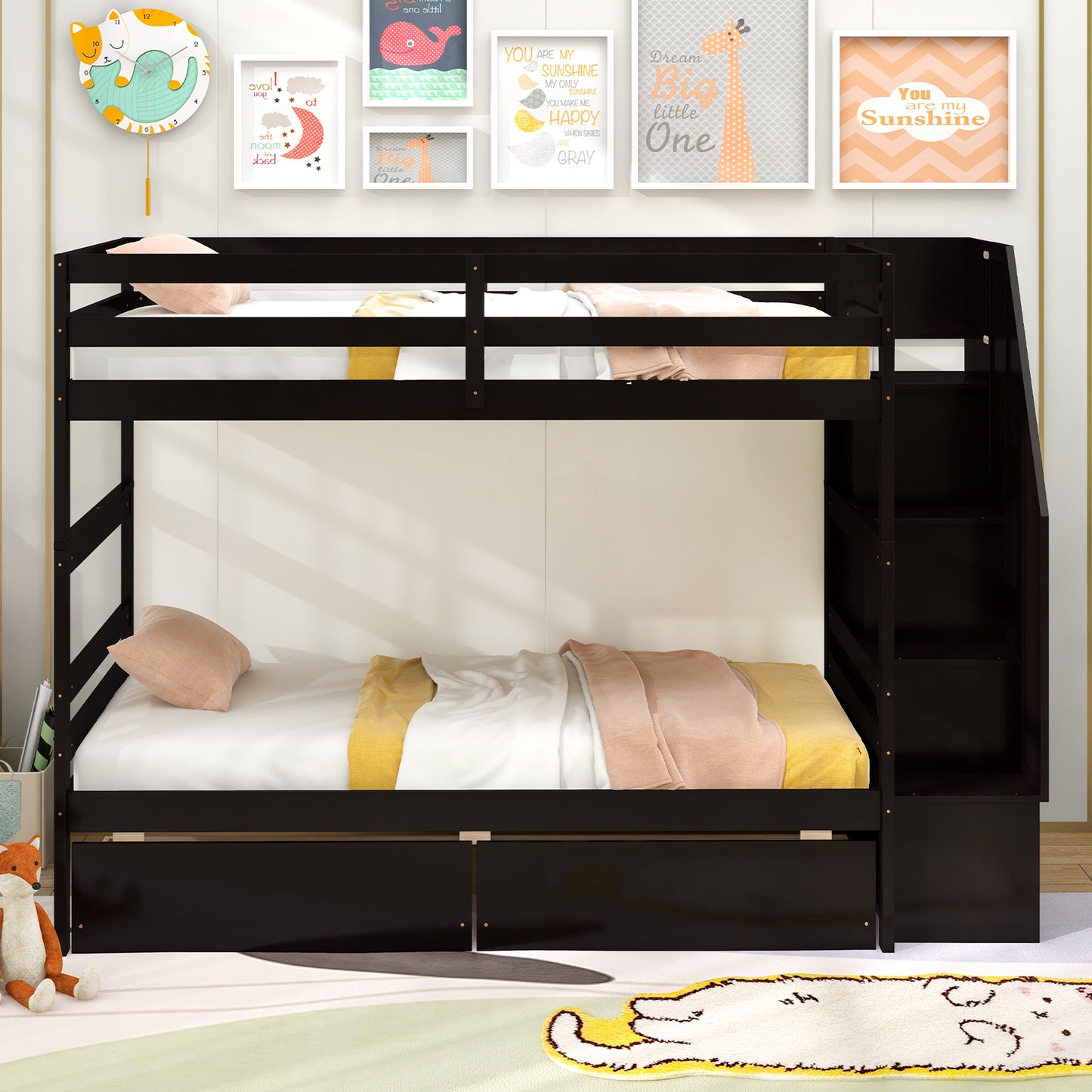 Twin Over Twin Bunk Bed with Storage Stairs and Drawers, Coffee Bunk Bed Frame at Gallery Canada