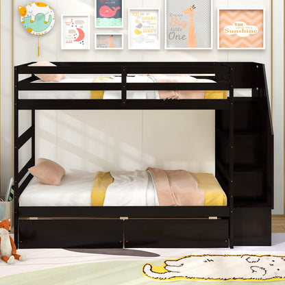 Twin Over Twin Bunk Bed with Storage Stairs and Drawers, Coffee Bunk Bed Frame at Gallery Canada