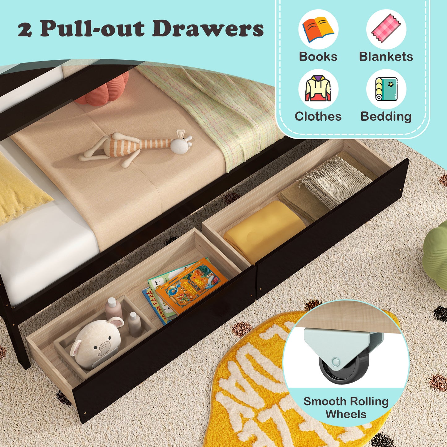 Twin Over Twin Bunk Bed with Storage Stairs and Drawers, Coffee Bunk Bed Frame at Gallery Canada