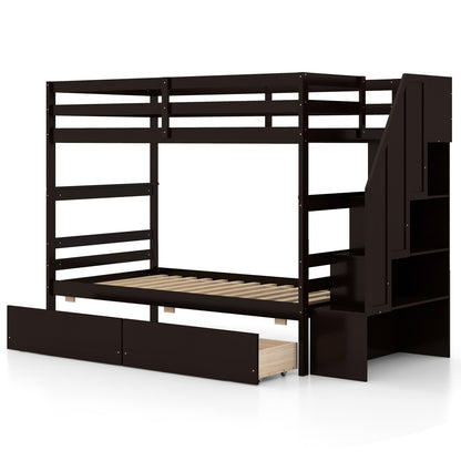 Twin Over Twin Bunk Bed with Storage Stairs and Drawers, Coffee Bunk Bed Frame at Gallery Canada