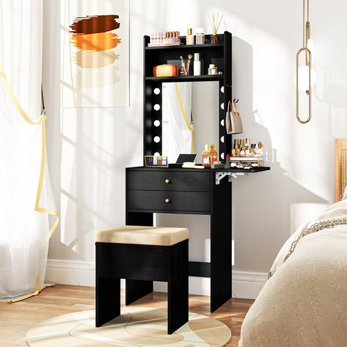 Compact Vanity Desk Set, 3-Color Lighted Mirror, Power Outlets, Black