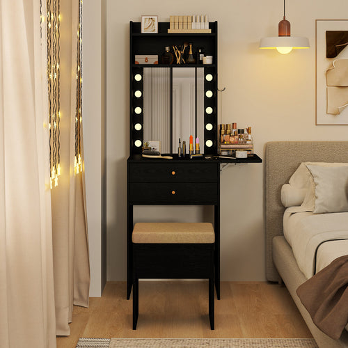 Compact Vanity Desk Set with 3-Color Lighted Mirror and Power Outlets, Black