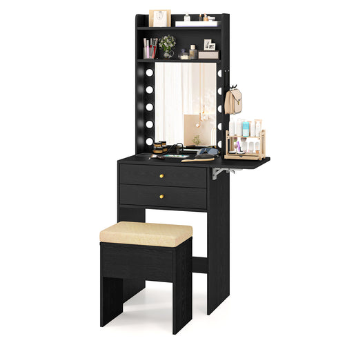Compact Vanity Desk Set, 3-Color Lighted Mirror, Power Outlets, Black