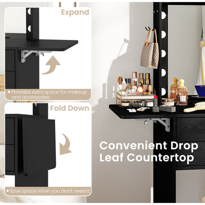 Compact Vanity Desk Set, 3-Color Lighted Mirror, Power Outlets, Black Makeup Vanities at Gallery Canada