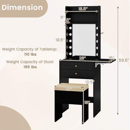 Compact Vanity Desk Set with 3-Color Lighted Mirror and Power Outlets, Black