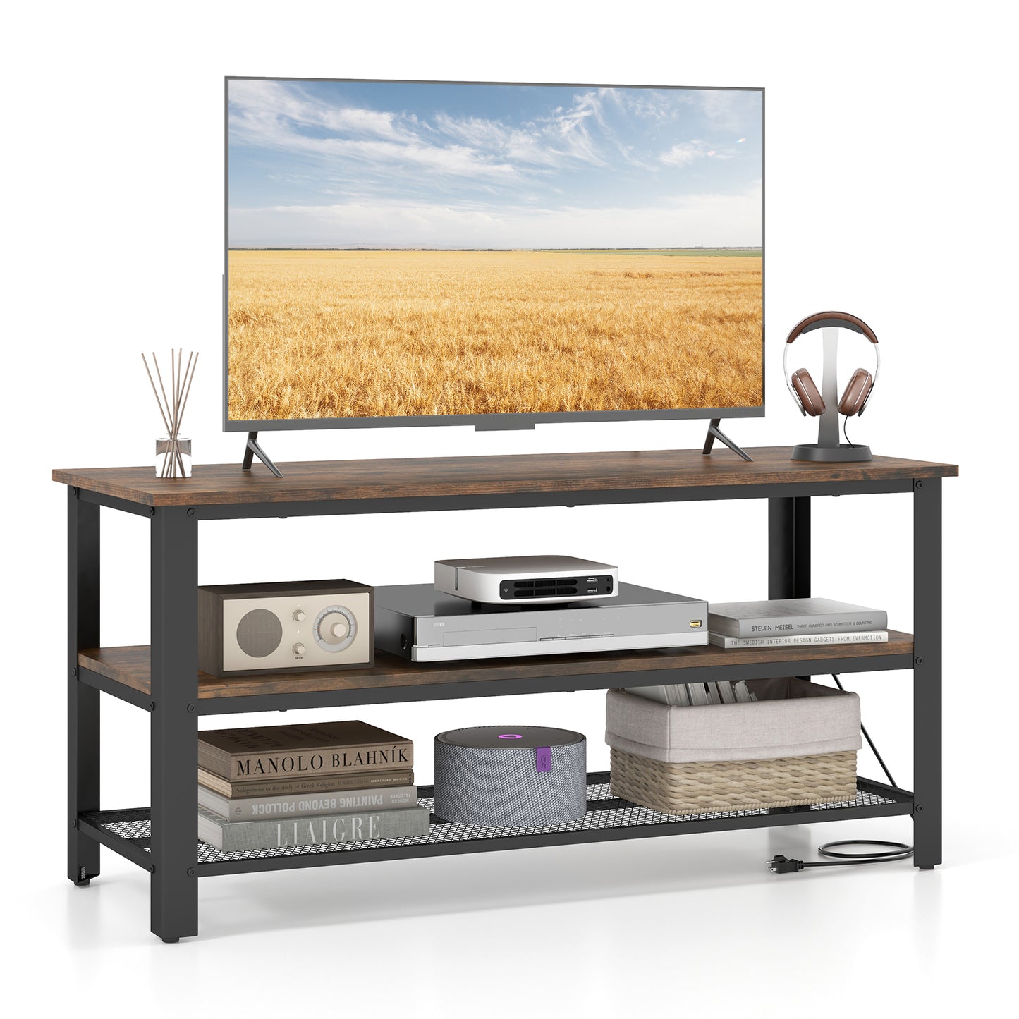 3-Tier Industrial Entertainment TV Stand with Metal Mesh Shelf, Brown Entertainment Centers & TV Stands Brown at Gallery Canada