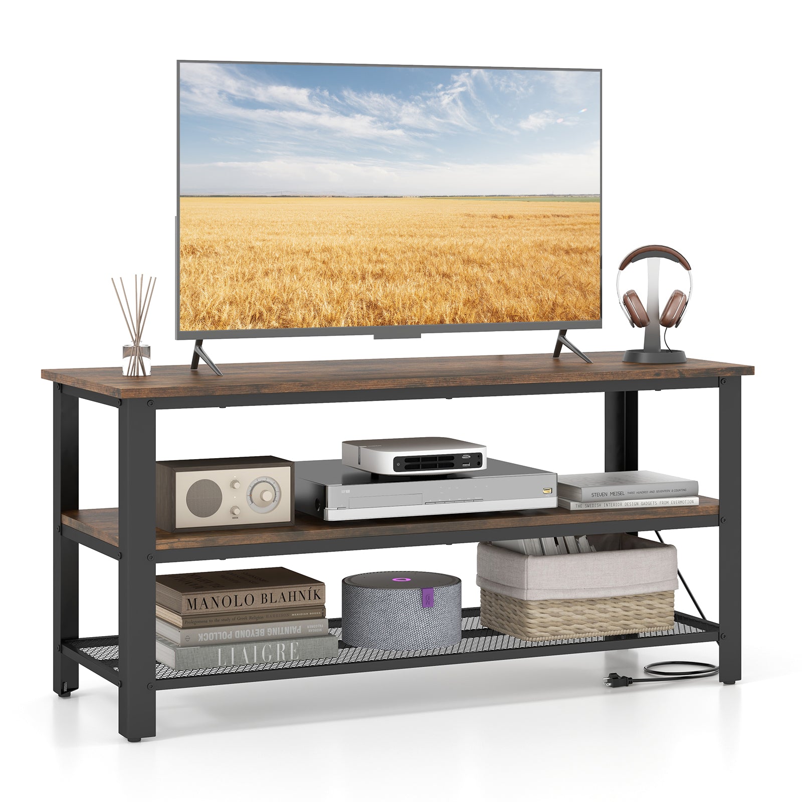 3-Tier Industrial Entertainment TV Stand with Metal Mesh Shelf, Brown Entertainment Centers & TV Stands Brown at Gallery Canada