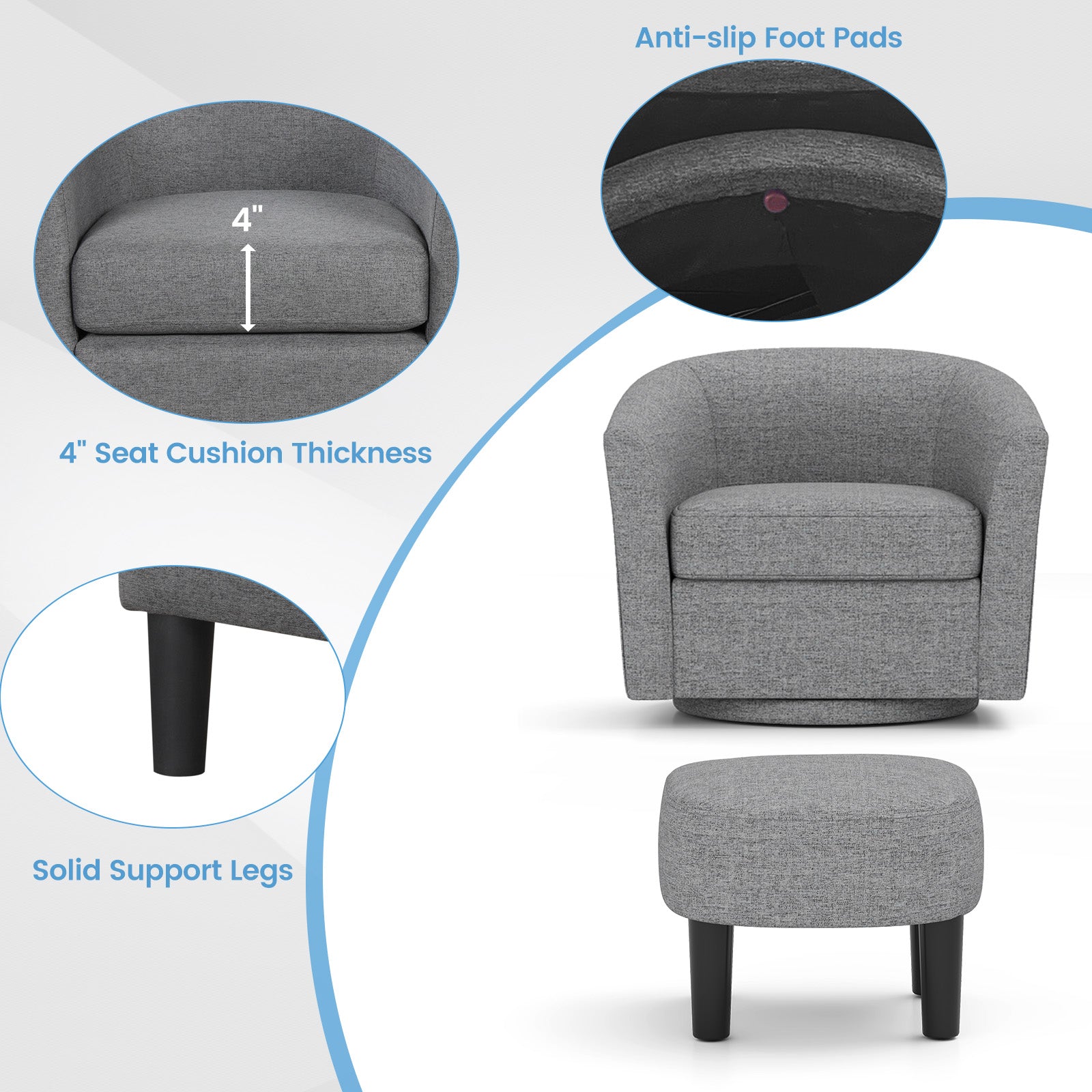 Modern Club Swivel Accent Chair with Ottoman Footrest Curved Backrest-Grey, Gray Ottomans at Gallery Canada