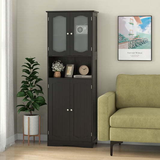 64.5 Inches Tall Bathroom Storage Cabinet with Frost Glass Doors and Shelves, Black Floor Cabinets Black at Gallery Canada