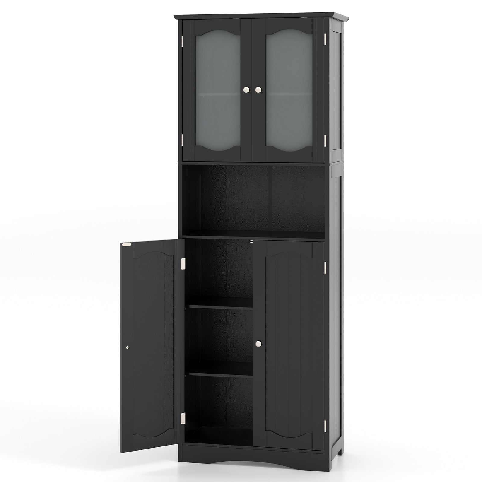64.5 Inches Tall Bathroom Storage Cabinet with Frost Glass Doors and Shelves, Black Floor Cabinets Black at Gallery Canada