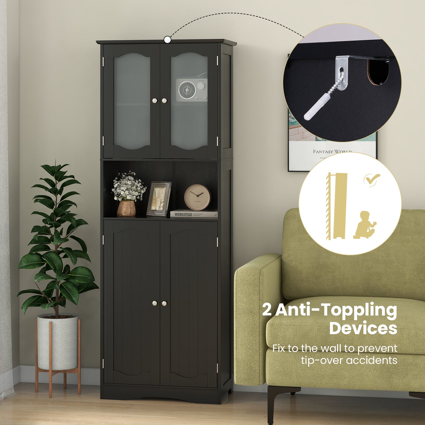 64.5 Inches Tall Bathroom Storage Cabinet with Frost Glass Doors and Shelves, Black Floor Cabinets at Gallery Canada