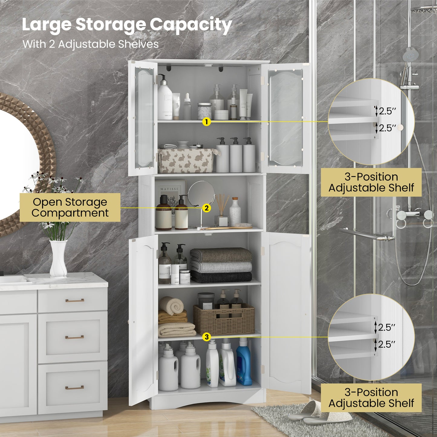 64.5 Inches Tall Bathroom Storage Cabinet with Frost Glass Doors and Shelves, White Floor Cabinets at Gallery Canada