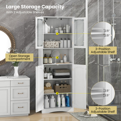 64.5 Inches Tall Bathroom Storage Cabinet with Frost Glass Doors and Shelves, White Floor Cabinets at Gallery Canada