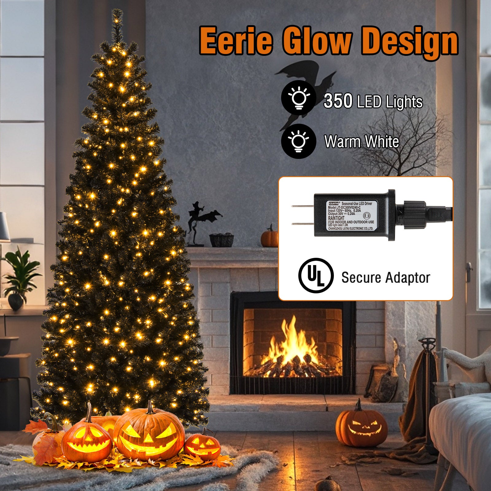 Pre-lit Christmas Halloween Tree with PVC Branch Tips and Warm White Lights-7', Black Halloween at Gallery Canada