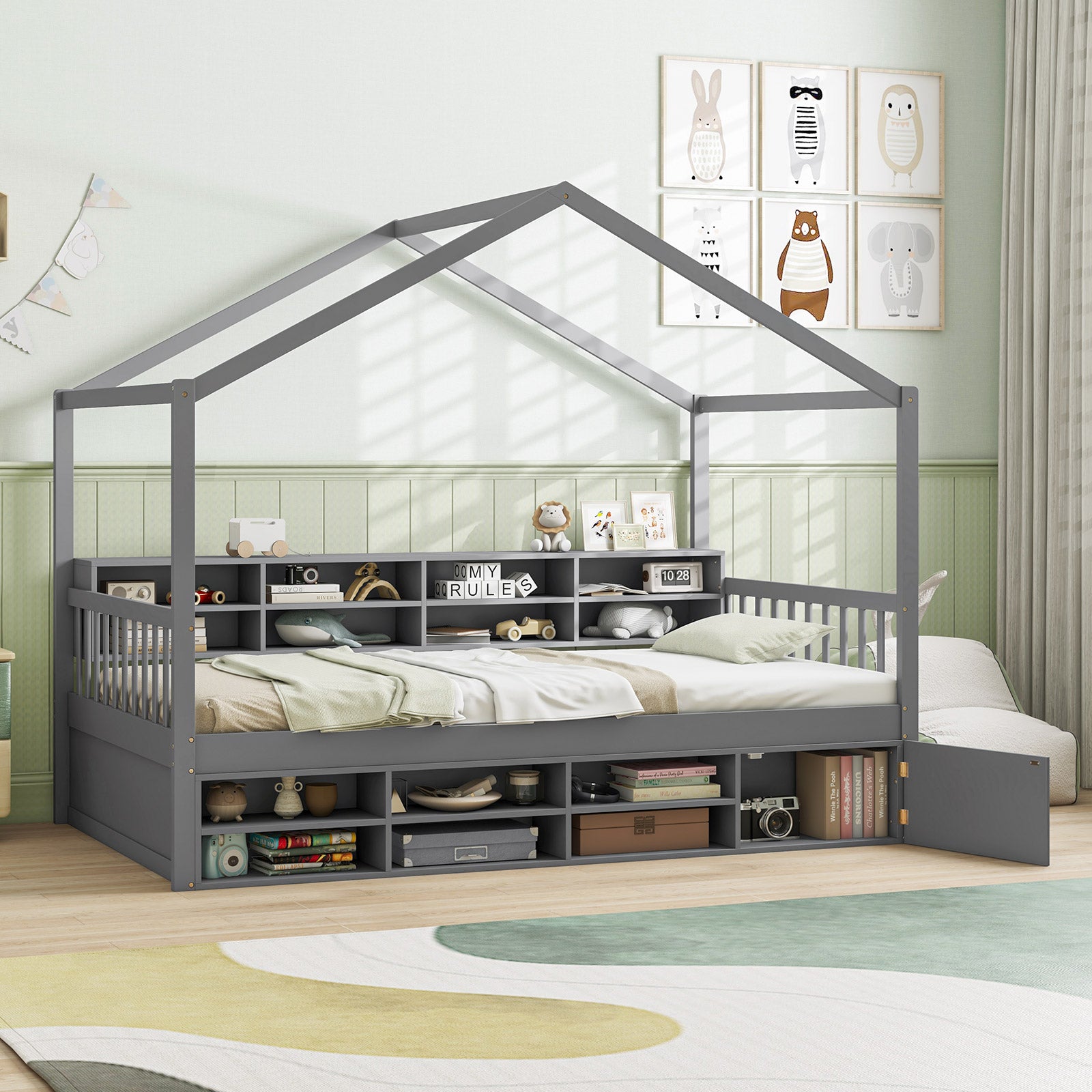 Twin Size House Bed with Roof with 14 Storage Cubes and Enclosed Cabinet, Gray Trundle Bed Frame at Gallery Canada