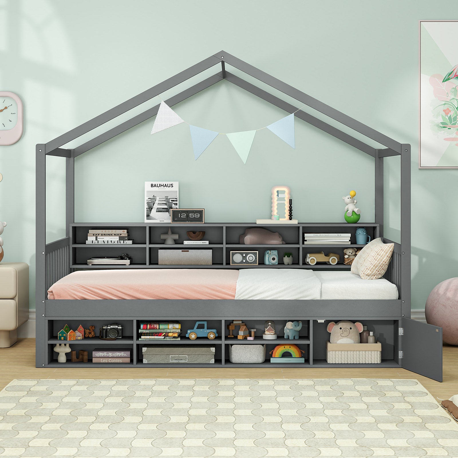 Twin Size House Bed with Roof with 14 Storage Cubes and Enclosed Cabinet, Gray Trundle Bed Frame at Gallery Canada