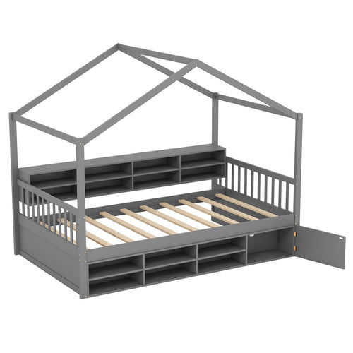 Twin Size House Bed With Roof, 14 Storage Cubes, Enclosed Cabinet, Gray